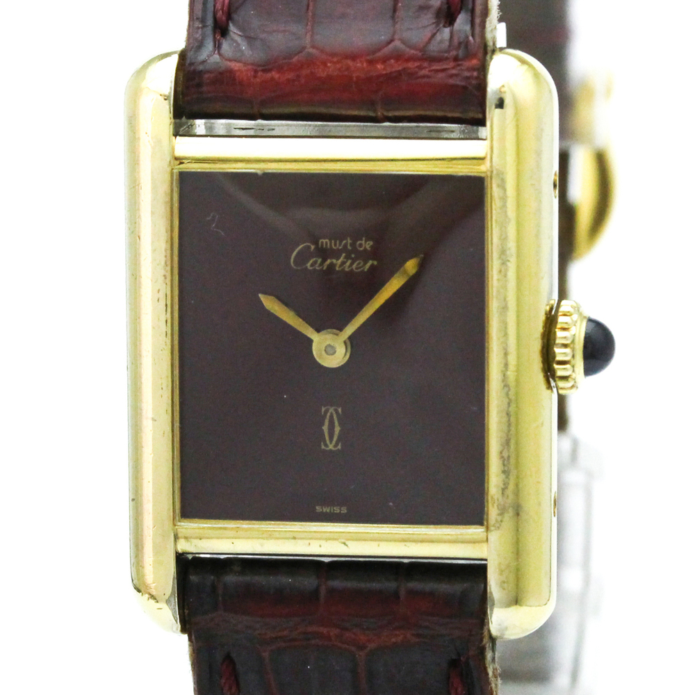 CARTIER Tank Vermeil Gold Plated Leater Hand-Winding Mens Watch